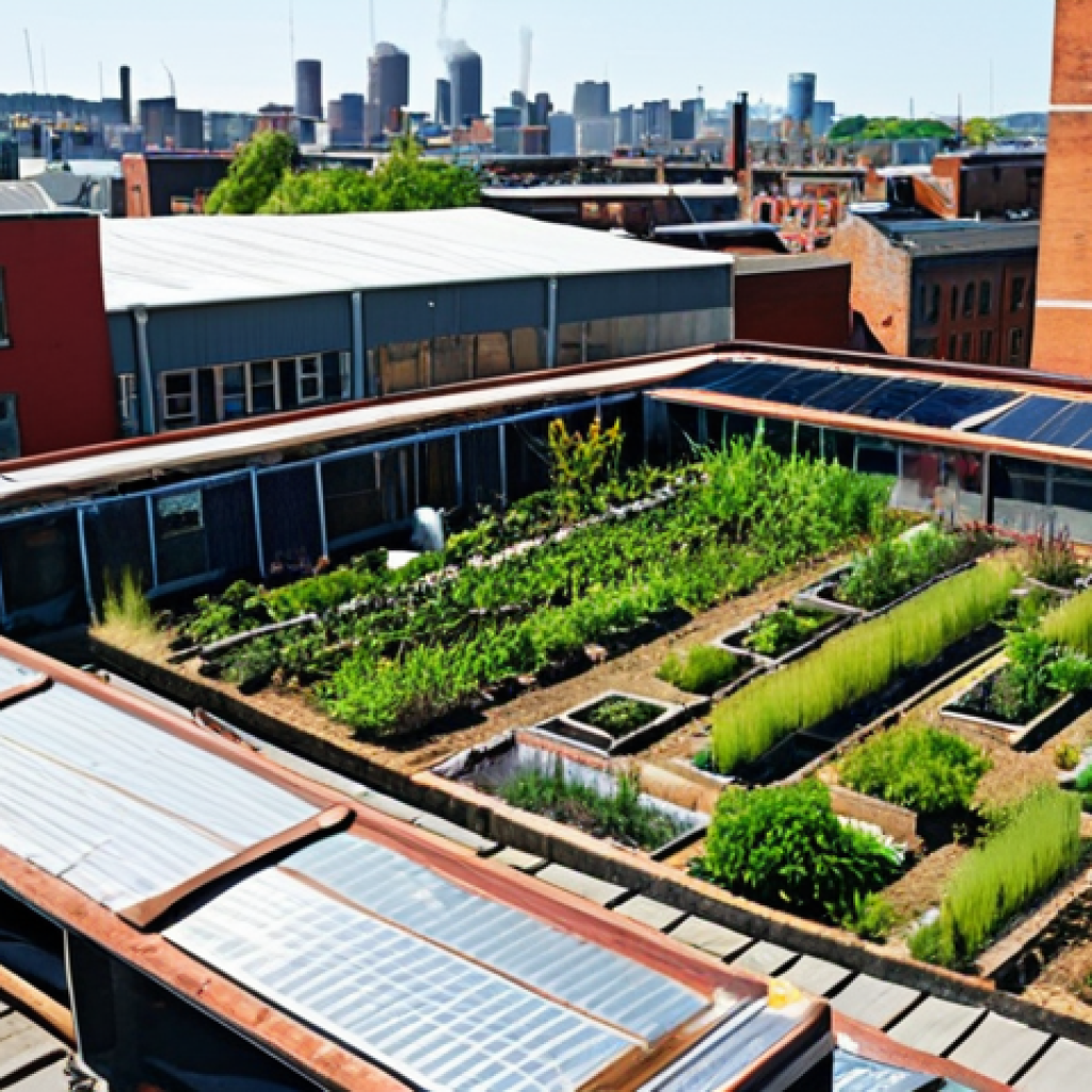 **Urban Repurposing & Community Transformation:** A vibrant, bustling urban scene where old industrial structures and discarded materials have been ingeniously repurposed. Show former factory buildings transformed into thriving community hubs, vertical farms, or unique public spaces. Highlight artistic installations made from scrap metal or plastic, and lush rooftop gardens on previously neglected buildings, conveying a sense of renewal, creativity, and sustainability born from limitations.