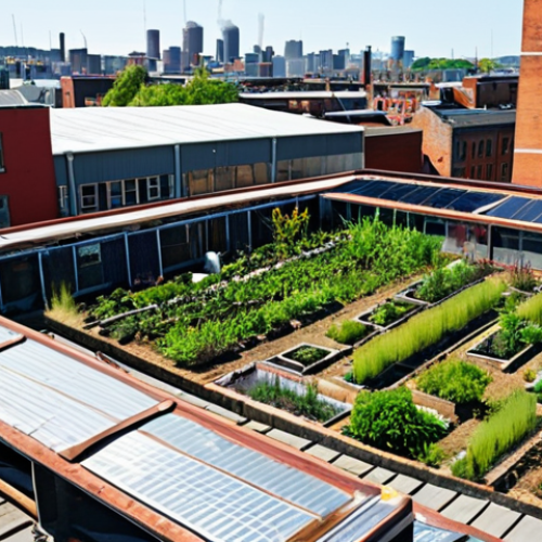 Home 7 **Urban Repurposing & Community Transformation:** A vibrant, bustling urban scene where old industrial structures and discarded materials have been ingeniously repurposed. Show former factory buildings transformed into thriving community hubs, vertical farms, or unique public spaces. Highlight artistic installations made from scrap metal or plastic, and lush rooftop gardens on previously neglected buildings, conveying a sense of renewal, creativity, and sustainability born from limitations.