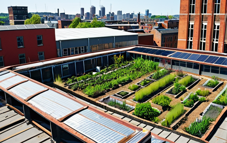 **Urban Repurposing & Community Transformation:** A vibrant, bustling urban scene where old industrial structures and discarded materials have been ingeniously repurposed. Show former factory buildings transformed into thriving community hubs, vertical farms, or unique public spaces. Highlight artistic installations made from scrap metal or plastic, and lush rooftop gardens on previously neglected buildings, conveying a sense of renewal, creativity, and sustainability born from limitations.