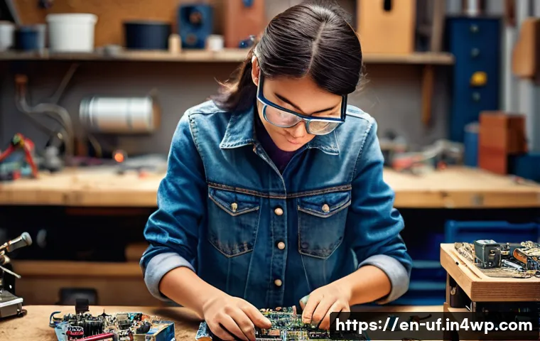 제약 기반 창의성의 혁신적 접근 방법 - **Prompt:** A young, determined female inventor, fully clothed in practical workshop attire (jeans, ...