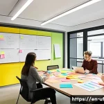 Home 20 제약 기반 창의성을 활용한 문제 해결 워크숍 - A modern creative workshop scene with a diverse group of professionals collaborating enthusiasticall...