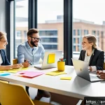 Home 19 제약 기반 창의성을 활용한 팀워크 개선 - A diverse, dynamic marketing team brainstorming in a modern office space with sticky notes, laptops,...