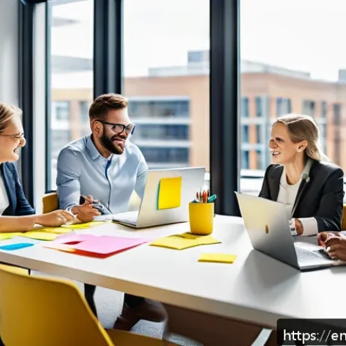 Home 31 제약 기반 창의성을 활용한 팀워크 개선 - A diverse, dynamic marketing team brainstorming in a modern office space with sticky notes, laptops,...