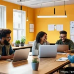 Home 18 제약 기반 창의성을 통한 효율적 자원 활용법 - A modern startup office scene showing a diverse team collaborating energetically in a small, cozy wo...