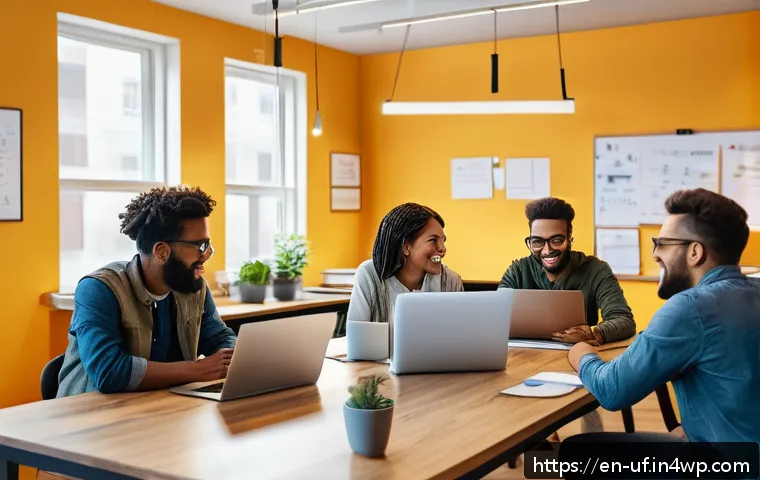 제약 기반 창의성을 통한 효율적 자원 활용법 - A modern startup office scene showing a diverse team collaborating energetically in a small, cozy wo...