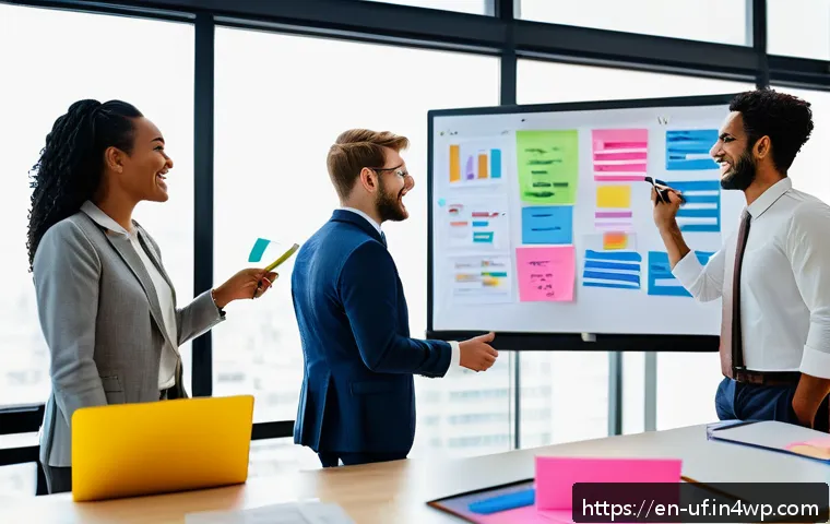 제약 기반 창의성의 커뮤니케이션 기술 - A modern office scene showcasing a diverse team engaged in a collaborative brainstorming session usi...